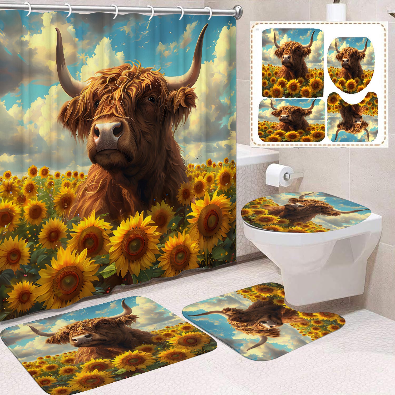 Polyester Waterproof And Mildew-proof Shower Curtain Four-piece Partition Bathroom Curtain