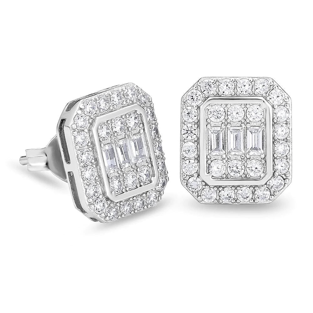 Full-Crystal Hip-Hop Stud Earrings For Men Rectangular Style, Western Design