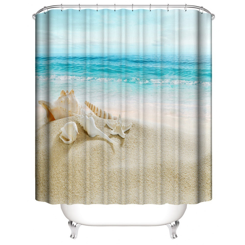 Beach Shell Printed Shower Curtain Carpet Bathroom Mat Four Piece Set