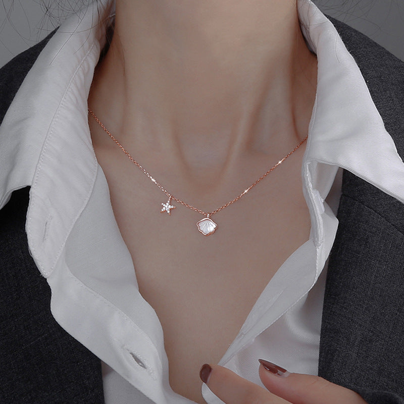 Sterling Silver Shell Starfish Necklace Niche Design Senior Mother Shell Diamond Short Clavicle Chain