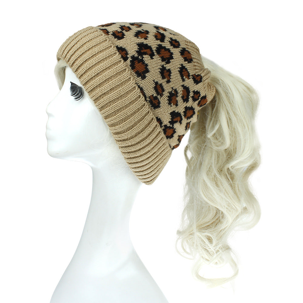 Warm And Fashionable Outdoor Leopard Print Knitted Ponytail Hat