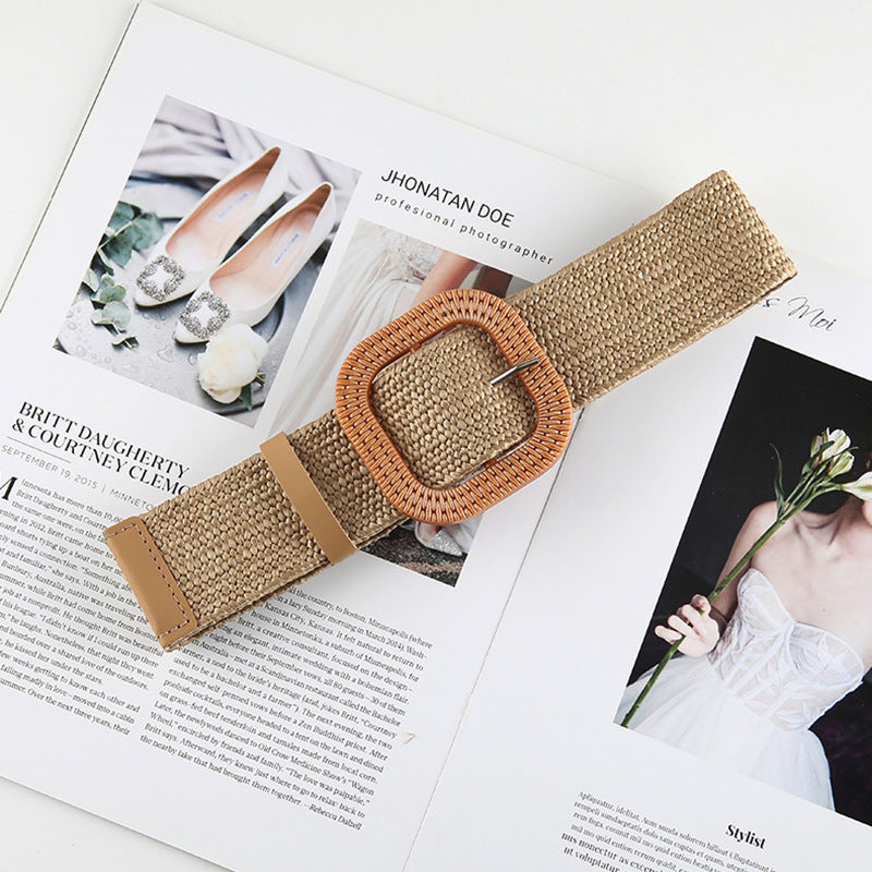 Ceinture en paille tressée en coton et lin pour femme