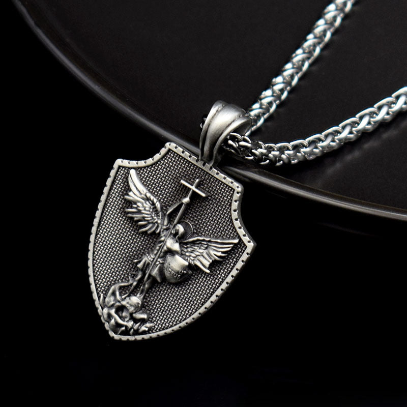 Vintage Titanium Men's Pendant Necklace Stainless Steel Shield