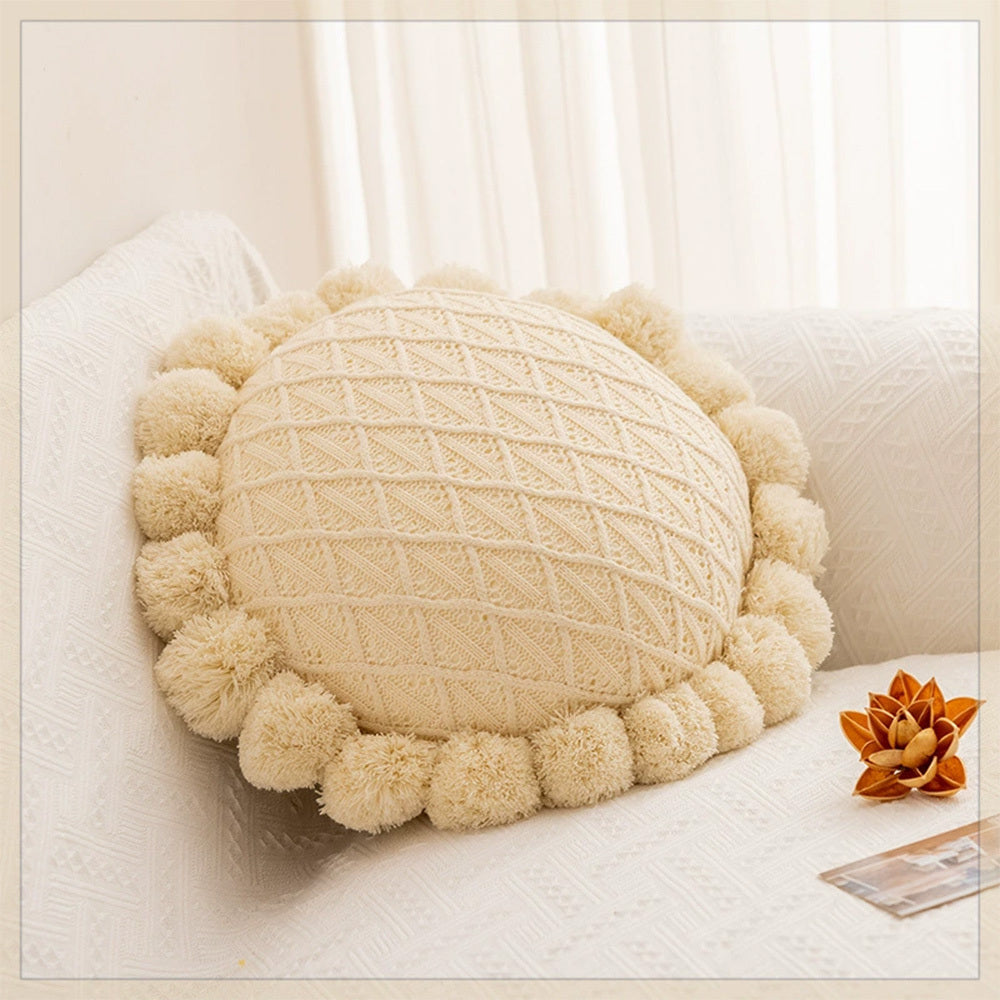 Home Decoration Knitting Cushion Cover Mint Green Tassel Pillowcover Modern Sofa Living Room Waist Pillow Bed Head Round Pillow Ins Style Pillow