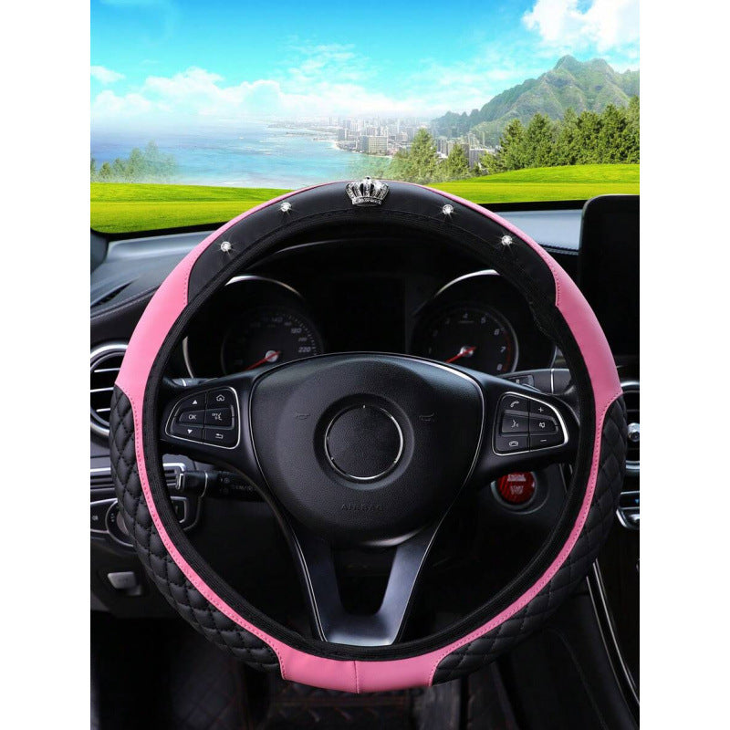 Diamond-Encrusted Little Crown Leather Car Steering Wheel Cover Without Inner Ring