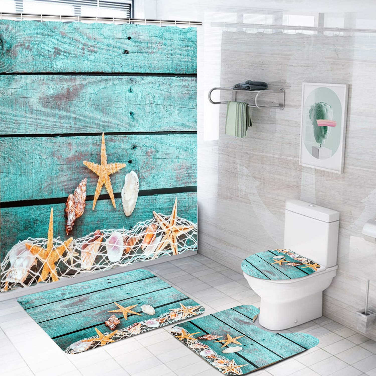 Bathroom Shower Curtain Floor Mat Suit Ocean World Printing