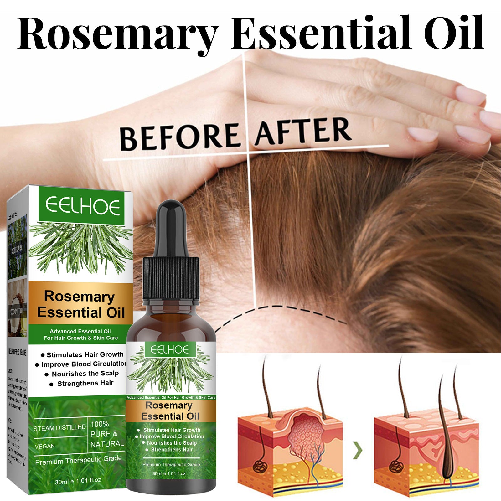 Huile essentielle de romarin pour les soins capillaires Anti-chute Croissance des cheveux Soin capillaire Nourrit le cuir chevelu et les racines des cheveux