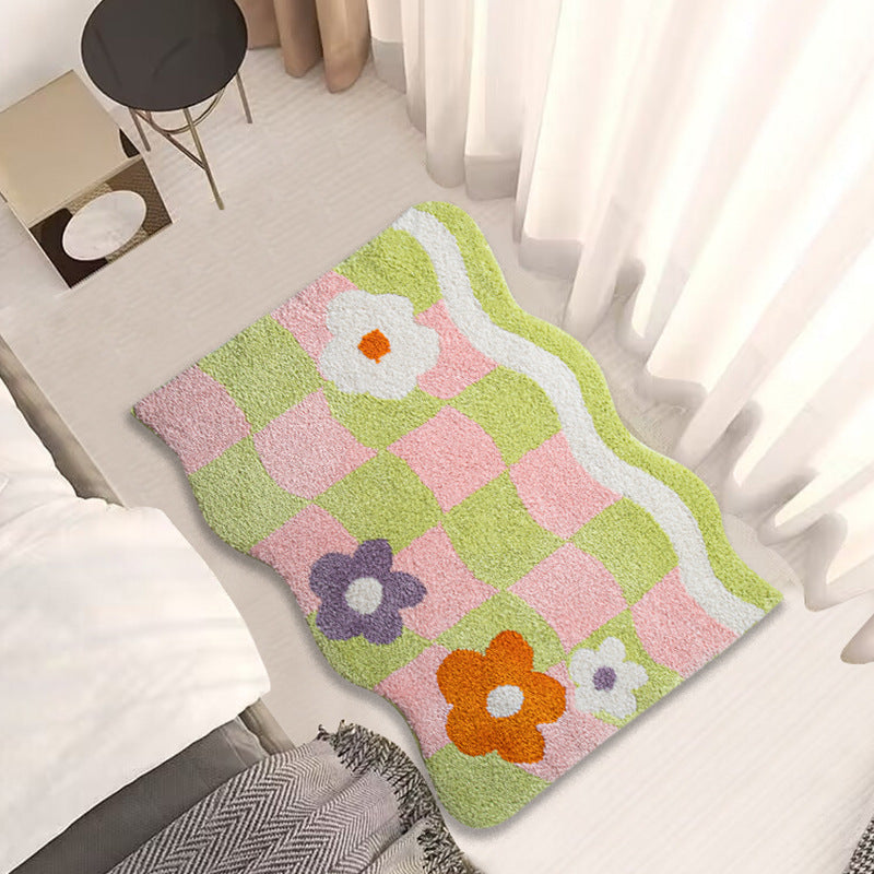 Wave Plaid Small Flower Tufted Carpet Non-slip Bathroom Step Mat Flocking Bedside Blanket
