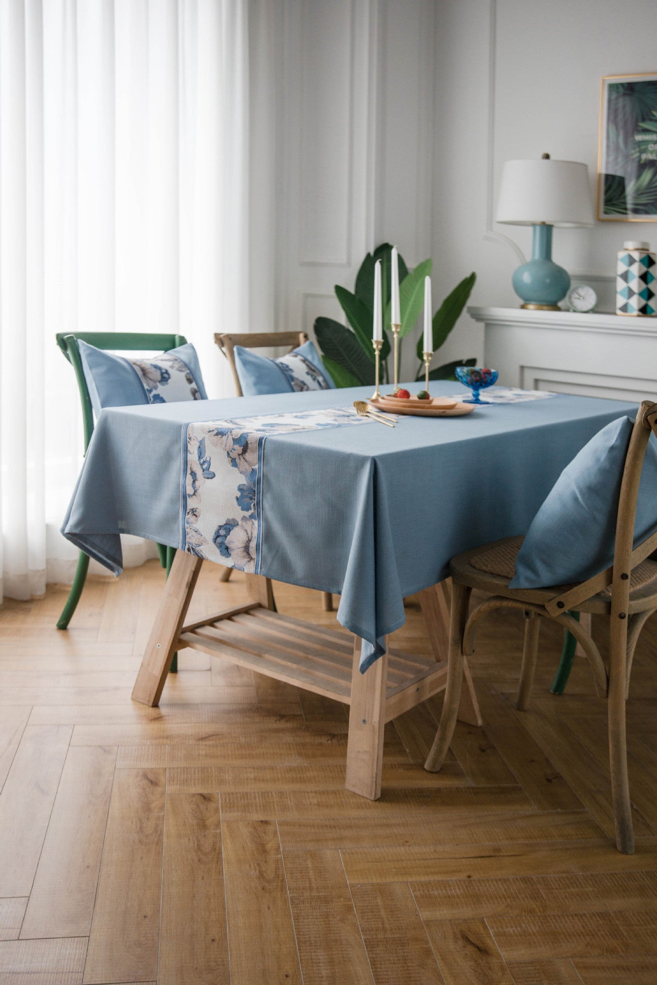 Rustic Blue Embroidered Cotton Faux Linen Tablecloth