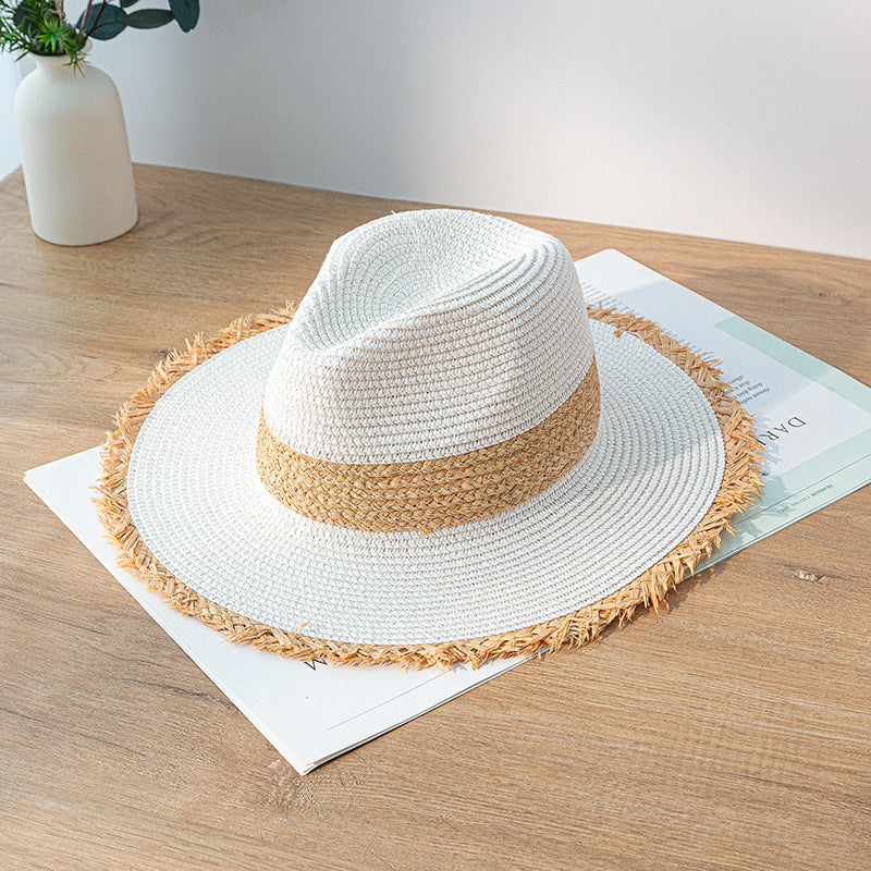 Women's Retro Color Matching Raw Edge Sun Protection Straw Hat