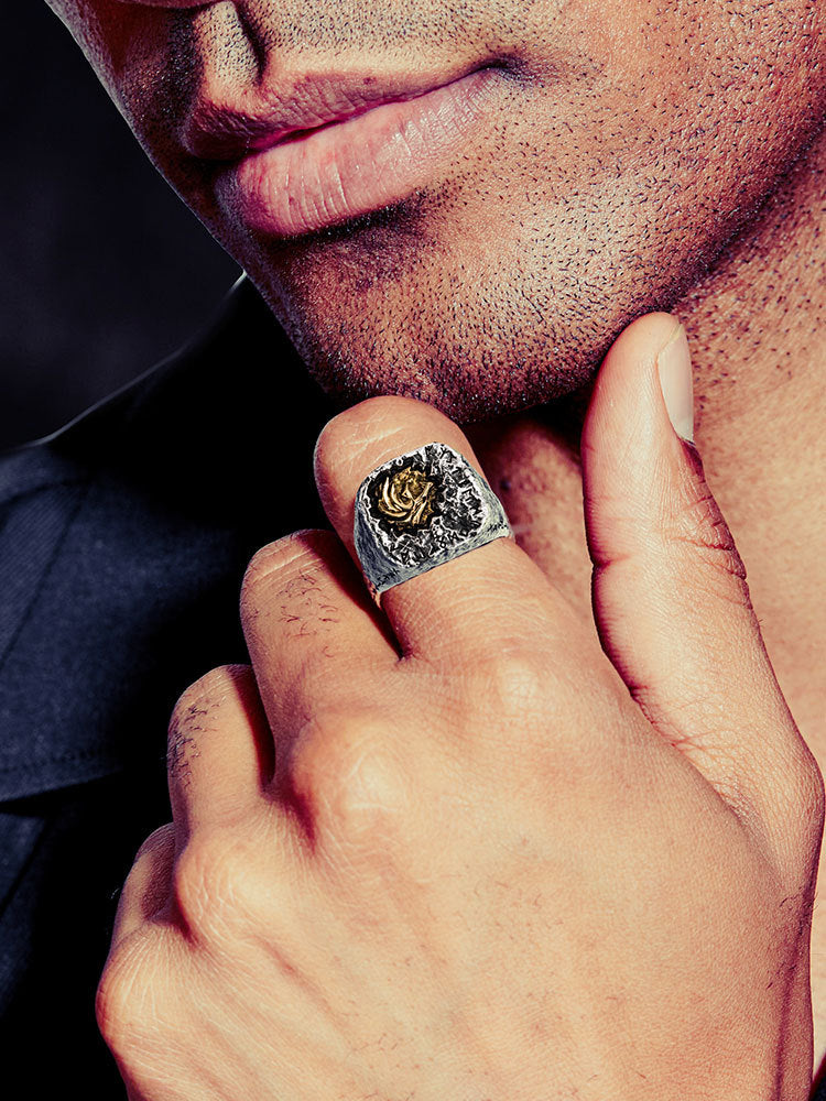 Bague en cuivre incrustée d'argent tête de loup Fenrille
