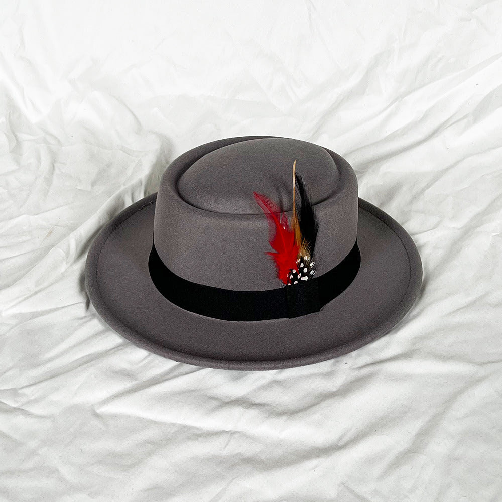 Feather Top Hat Small Flat Top Men's Felt Cap Old White Hat Top Hat