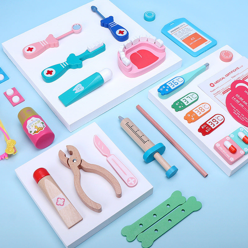 Wooden Children's Simulation Play House Doctor Toy Suit Girl Injection Teeth Medicine Kit Tool Box Stall