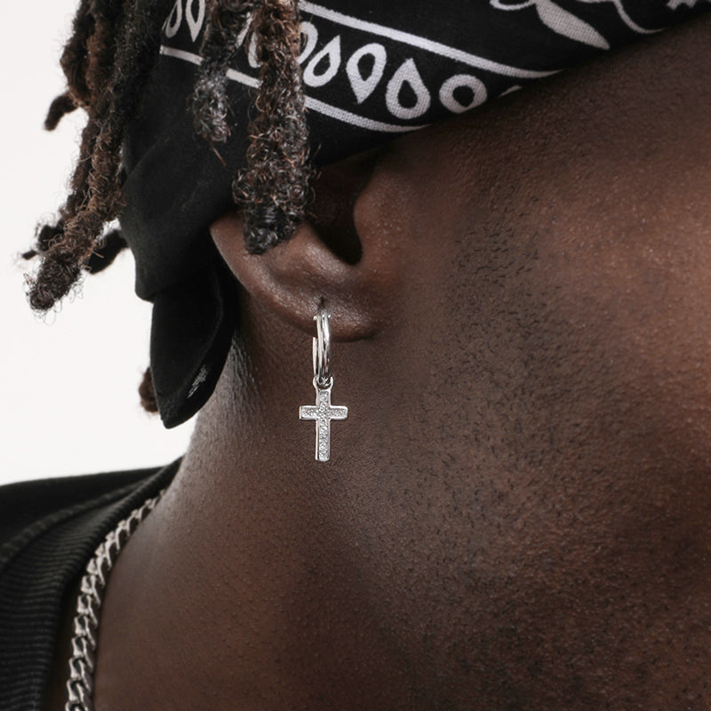 Sterling Silver Cross Ear Ring Men And Women Hip Hop Inlaid Zircon