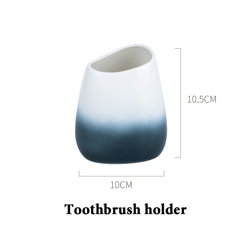 Washing suit couple brushing teeth and mouthwash cup