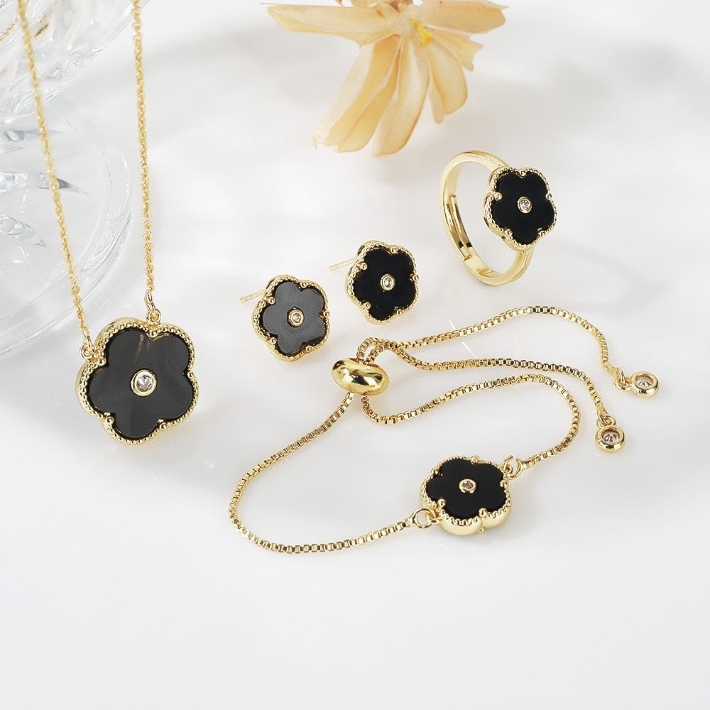 Gold Flower Bracelet Ring Earrings Bracelet Women's Suit