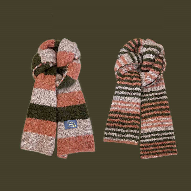 Versatile Soft Yarn Dopamine Contrasting Striped Double-sided Scarf For Women