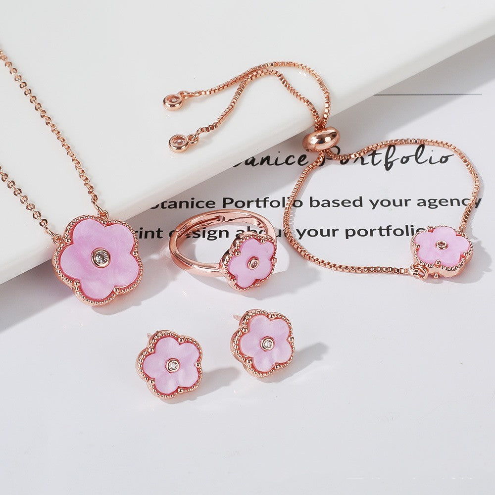 Gold Flower Bracelet Ring Earrings Bracelet Women's Suit