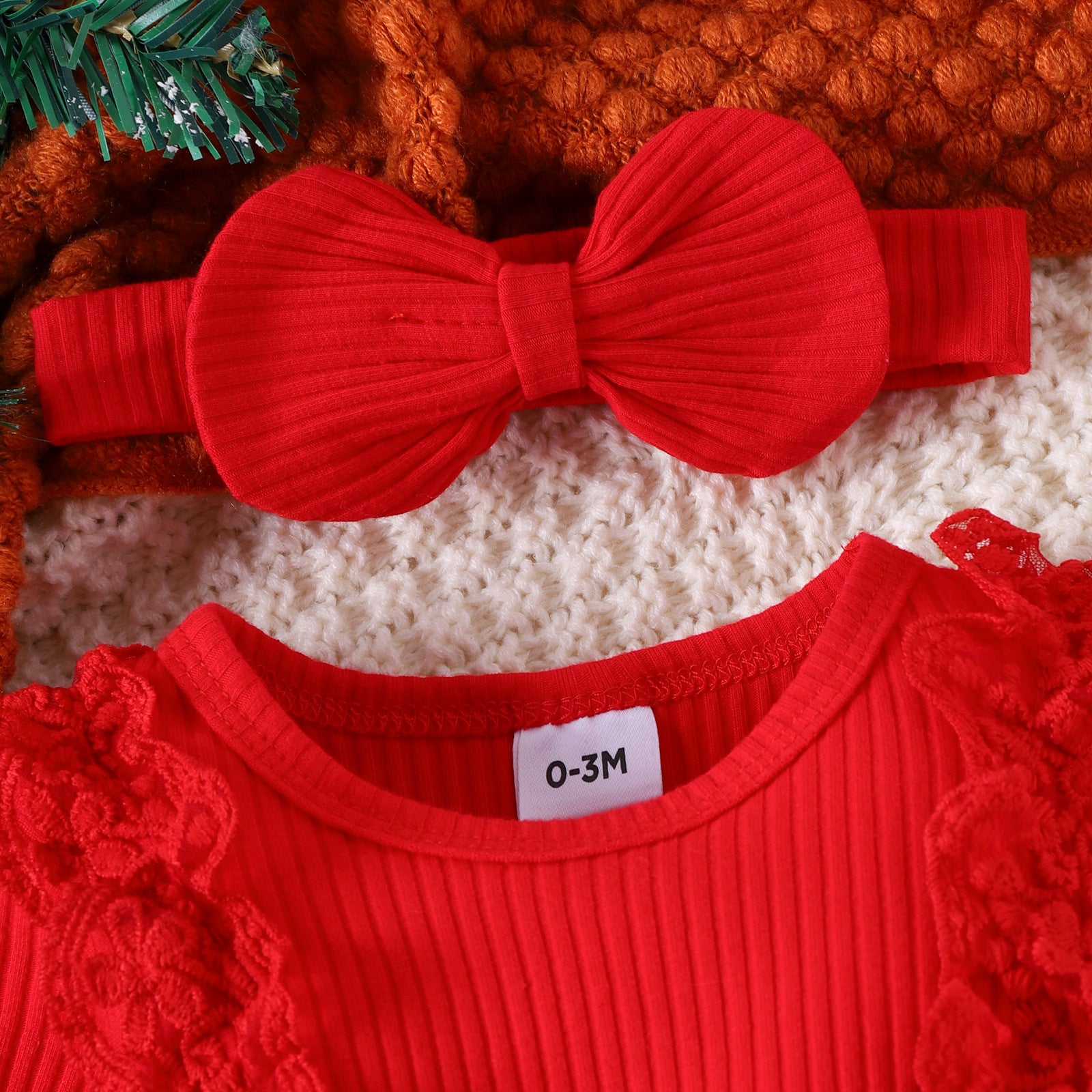 Children's Girl Baby Christmas Pit Stripe Spliced Lace Plaid Triangle Wrap Fart Set