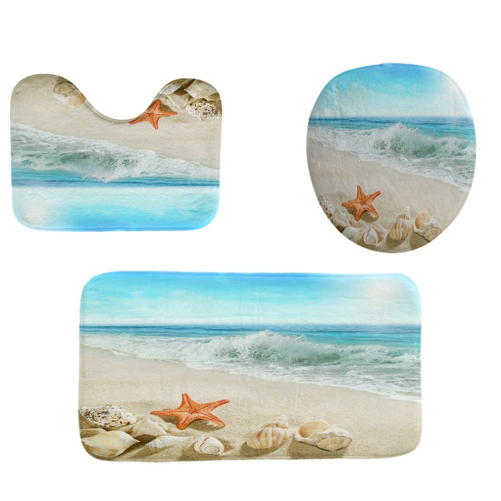 Beach Shell Printed Shower Curtain Carpet Bathroom Mat Four Piece Set