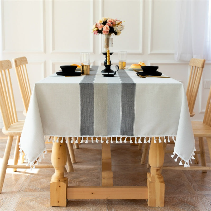 Nappe chinoise en coton et lin à rayures et pompons, pour la maison