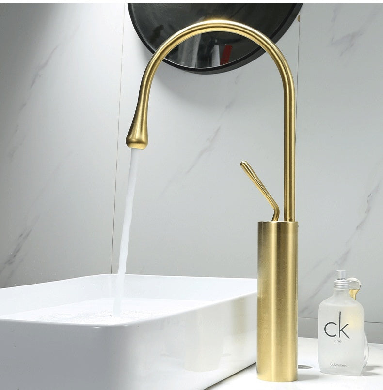 Water Drop Brushed Gold Copper Body Basin Wash Basin Rotating Faucet