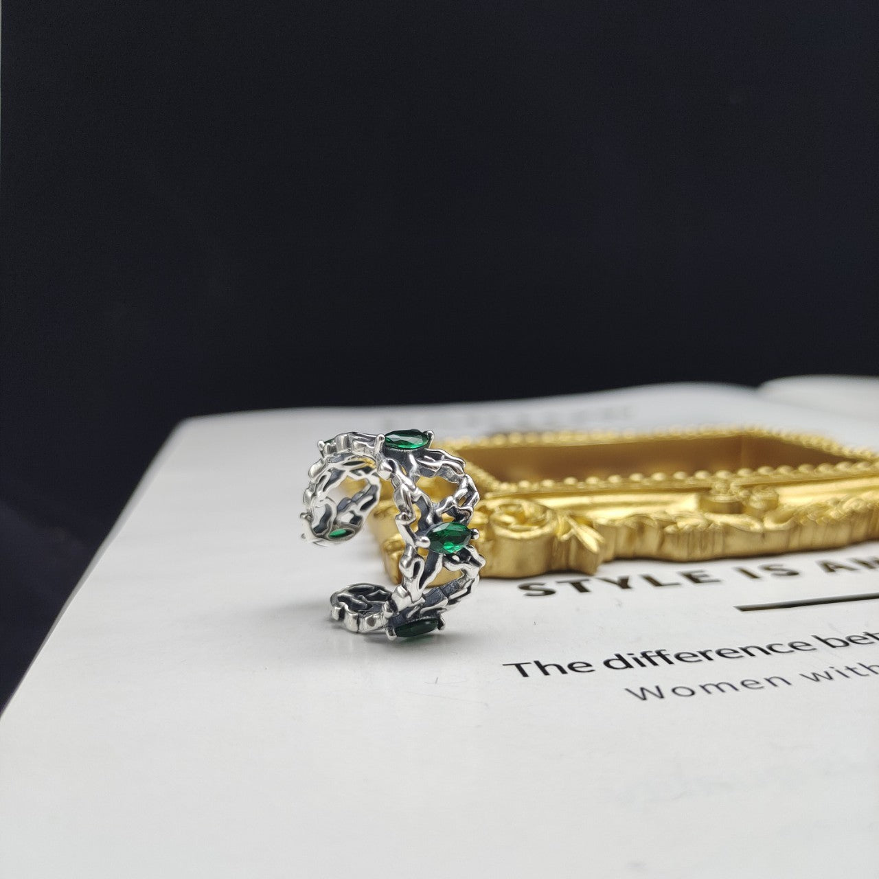 S925 Sterling Silver Vintage Diamond Green Zircon Ring Men's And Women's Hip Hop Trendy Rings