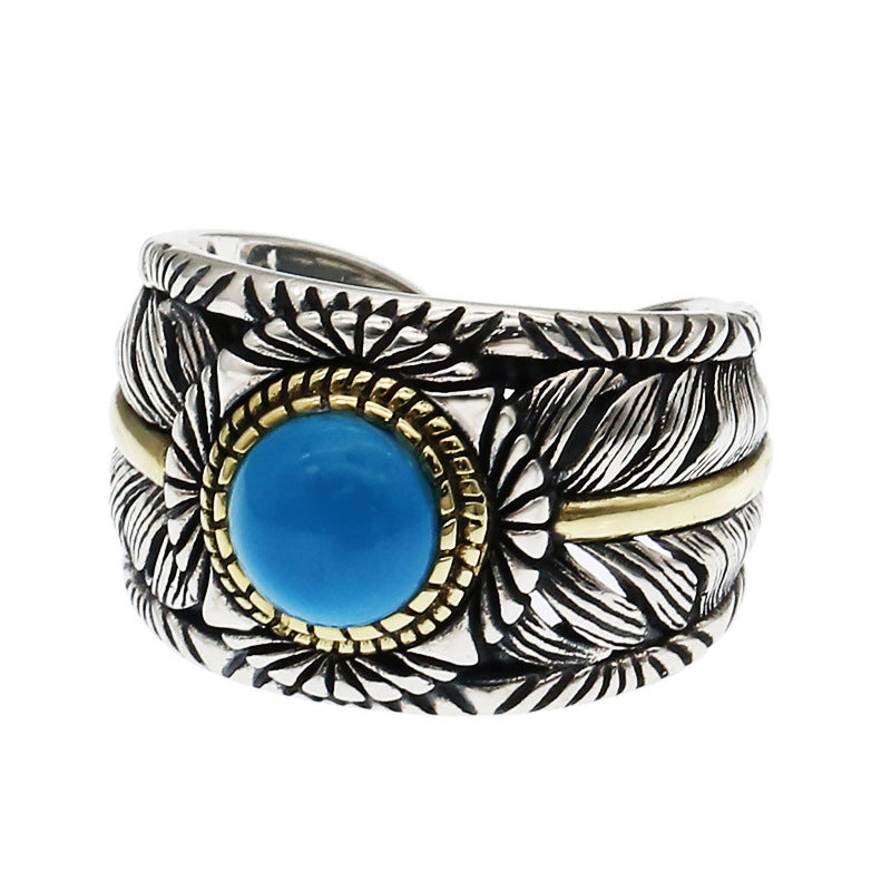 Personality Fashion Turquoise Feather Ring Men Exaggerated