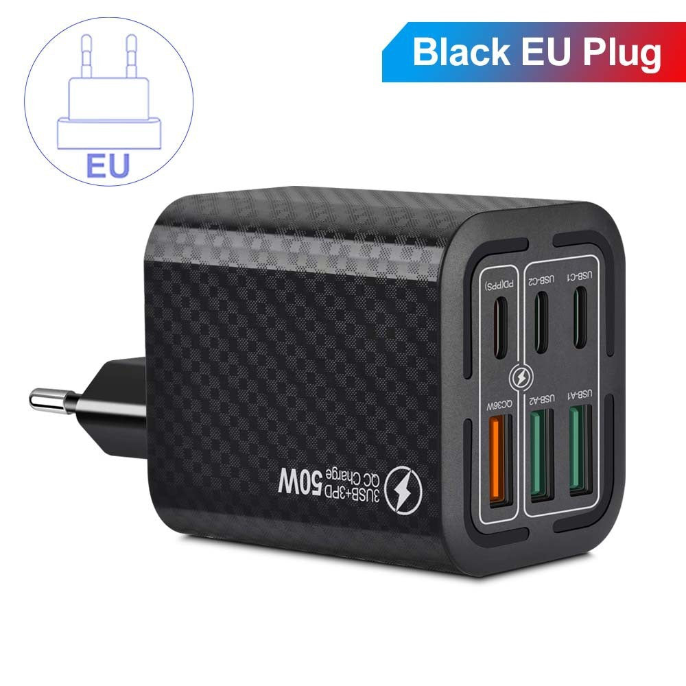 50W 6Ports 3USB 3PD Multi-interface Fast Charging Mobile Phone Charging Plug