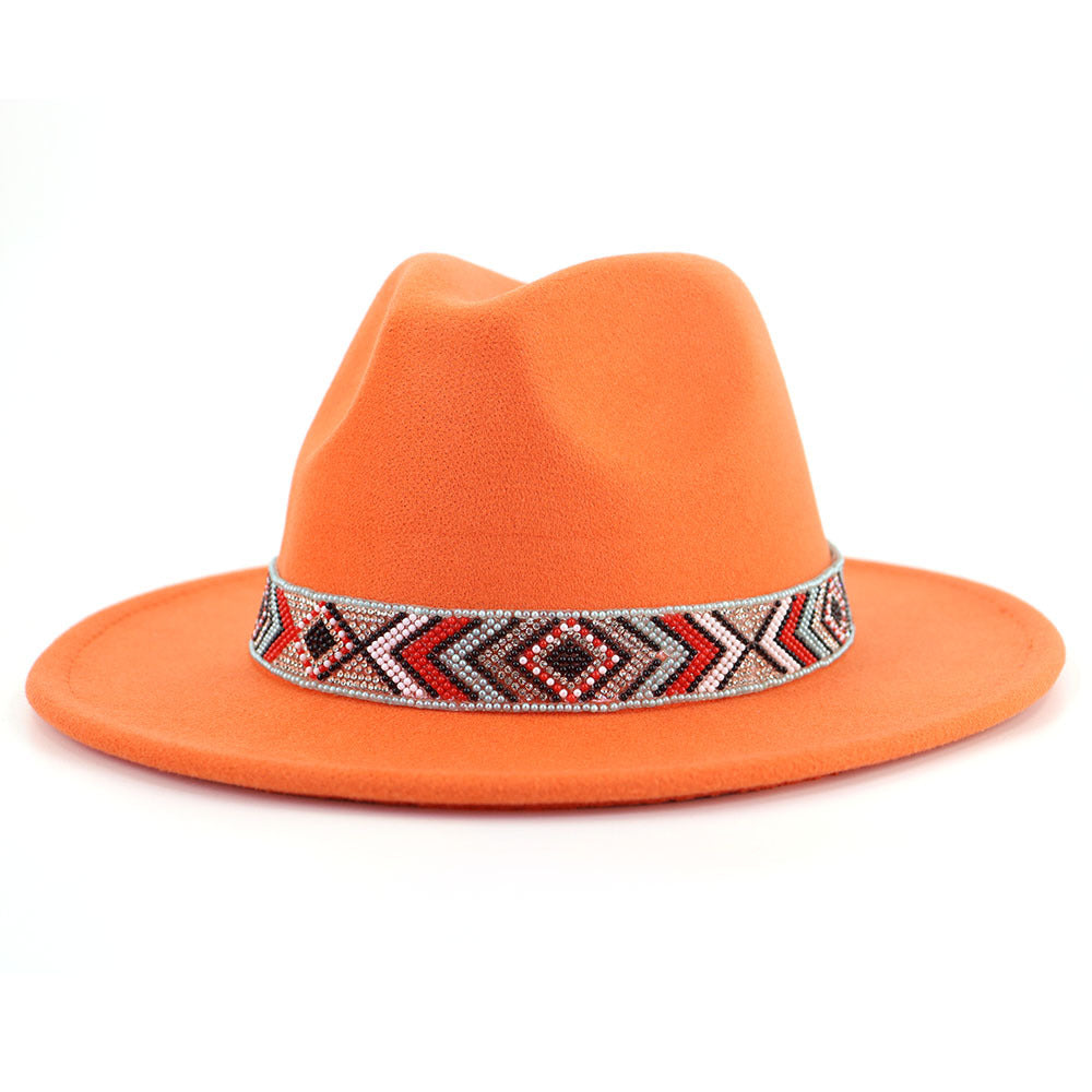 Autumn And Winter New Blue Bead Woolen Hat Fashion Panama Jazz Hat