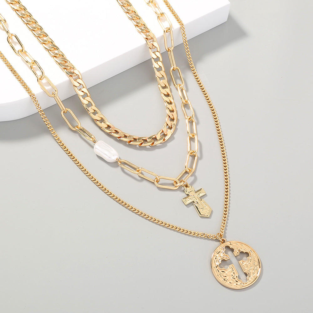 European and American lattice chain multi-element cross necklace can be detached and layered to wear creative design trendy necklace