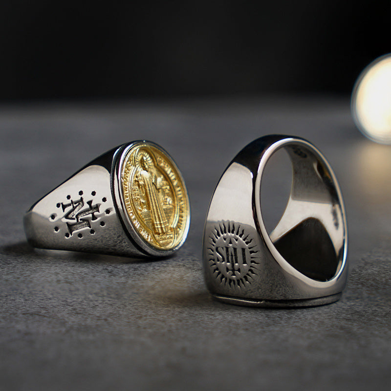 Christian Order Of St. Benedict In Titanium And Bronze Ring