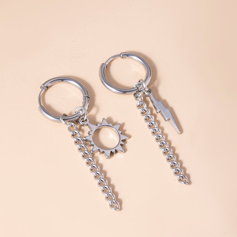 Hip Hop Stainless Steel Asymmetric Earrings Fashion Silver Sun Lightning Charm Metal Tassel Earrings For Women Men