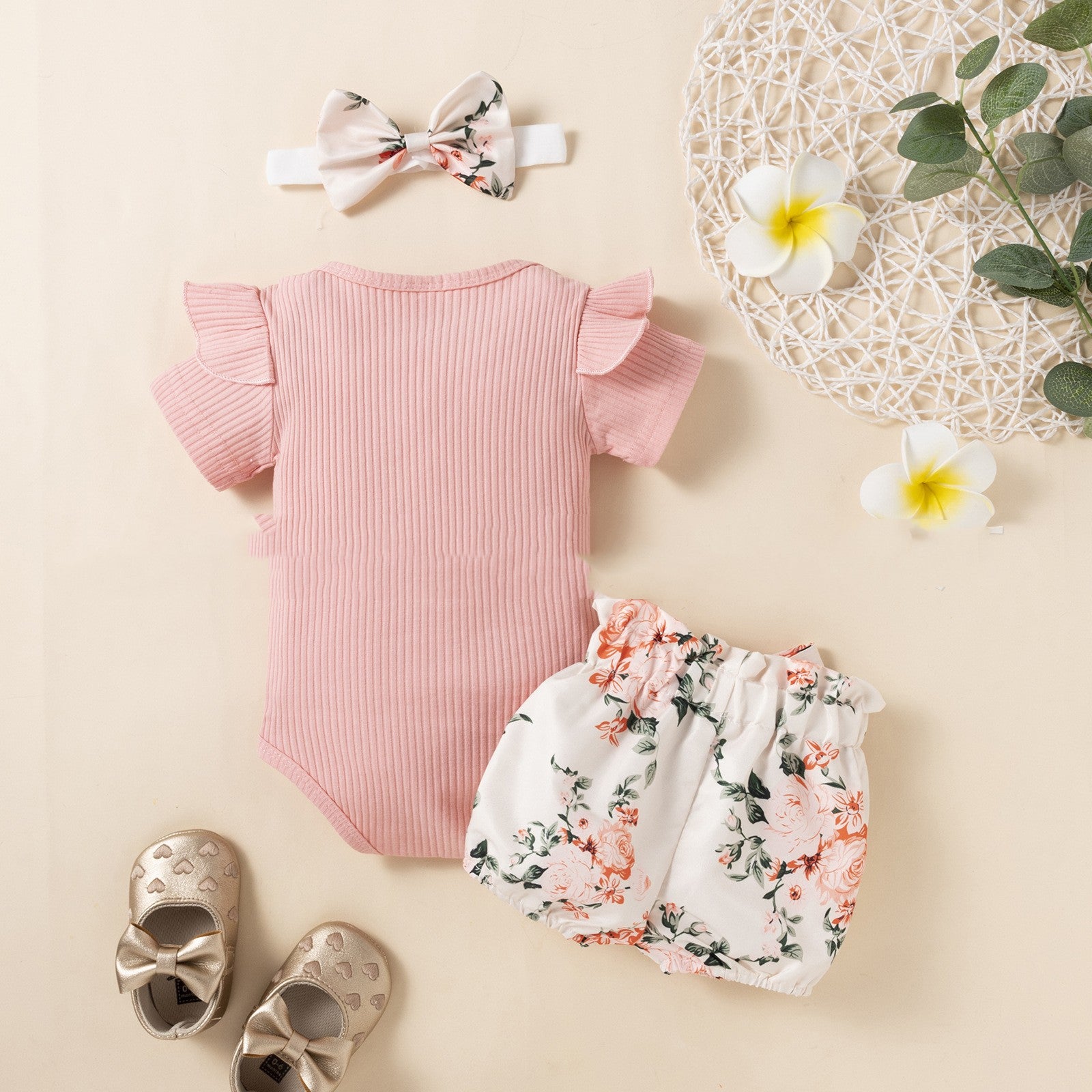 Love Short Sleeve Flying Sleeve Romper Fragmented Flower Shorts Headknot Set