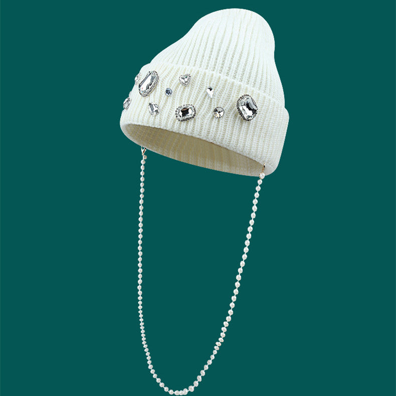 Fashion Pearl Chain Diamond Wool Cap