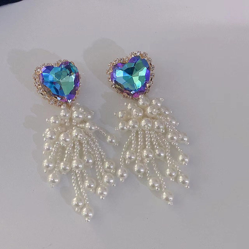 Diamond Crystal Pearl Fringe Exaggerated Earrings