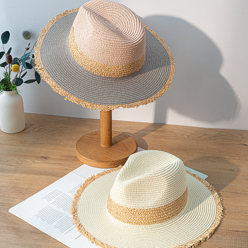 Women's Retro Color Matching Raw Edge Sun Protection Straw Hat