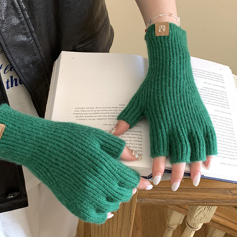 Knitted Wool Half Finger Gloves Solid Color