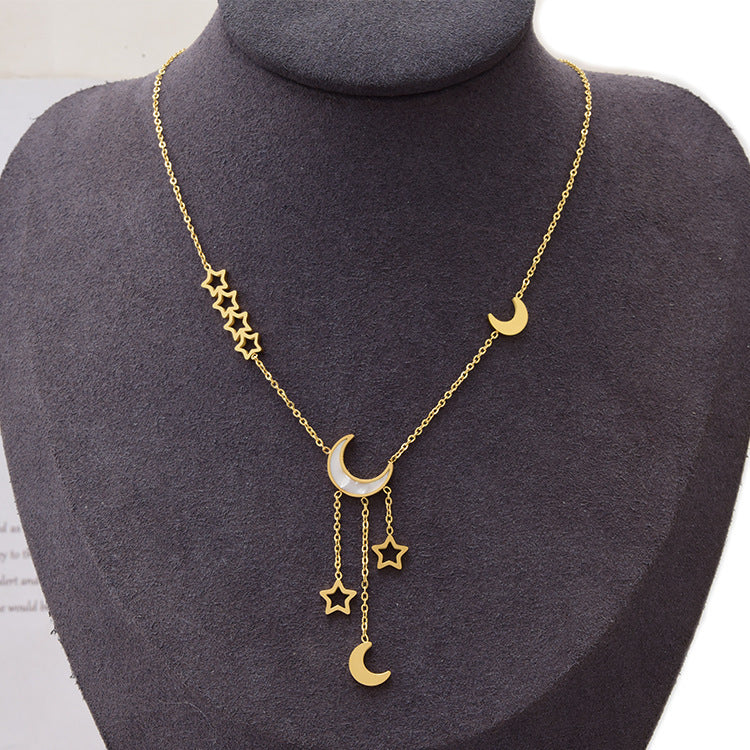Three-dimensional Star Long Tassel Pentagram Moon Pendant Collarbone Chain