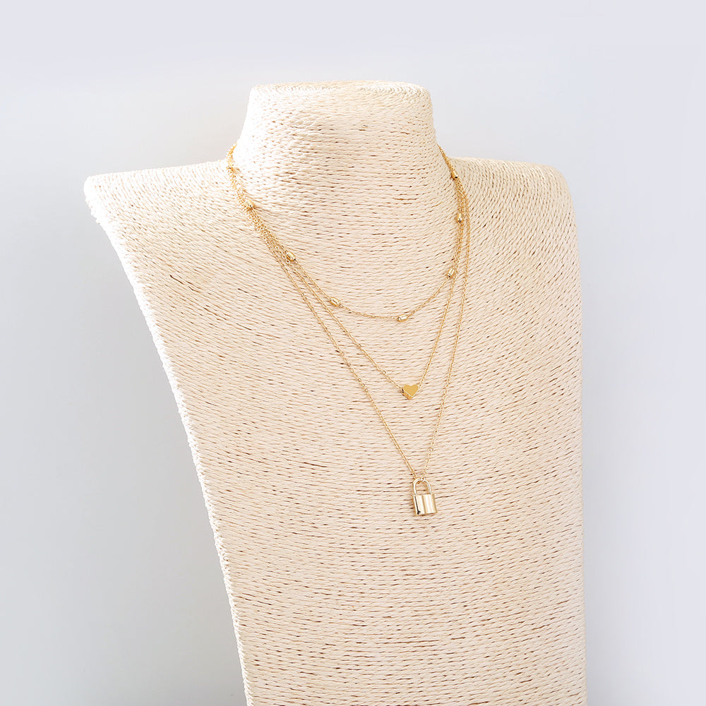 European and American cross-border retro fashion multi-layered simple love lock pendant necklace ins wind clavicle chain jewelry