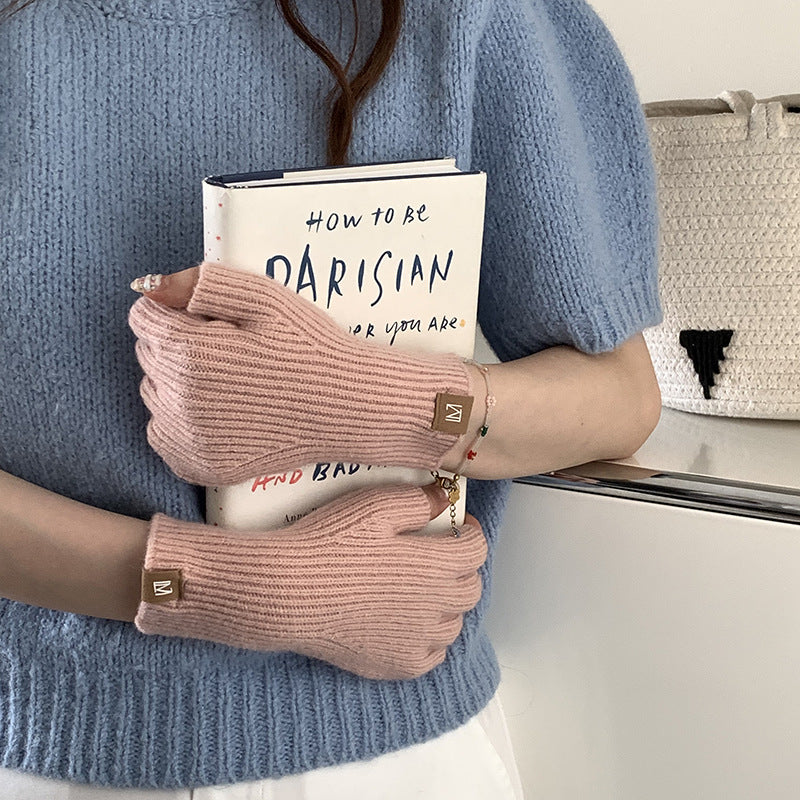 Knitted Wool Half Finger Gloves Solid Color
