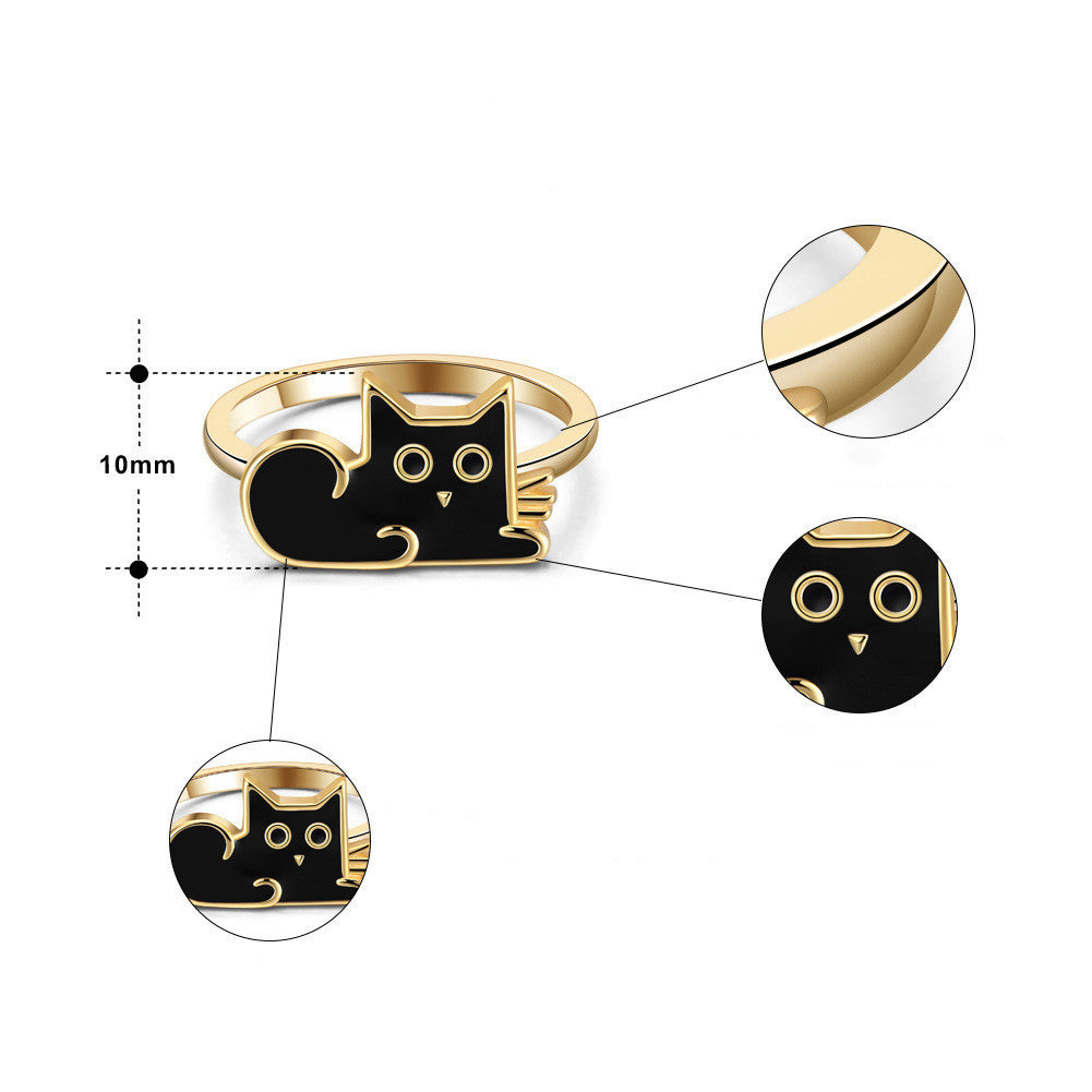 Cartoon black cat sterling silver ring