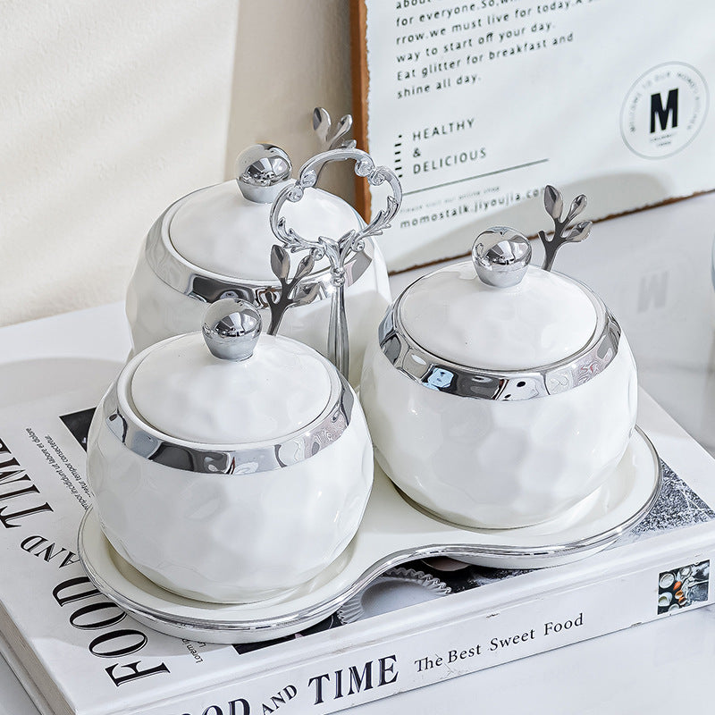 Silver Edged Ceramic Seasoning Jar Box Seasoning Bottle