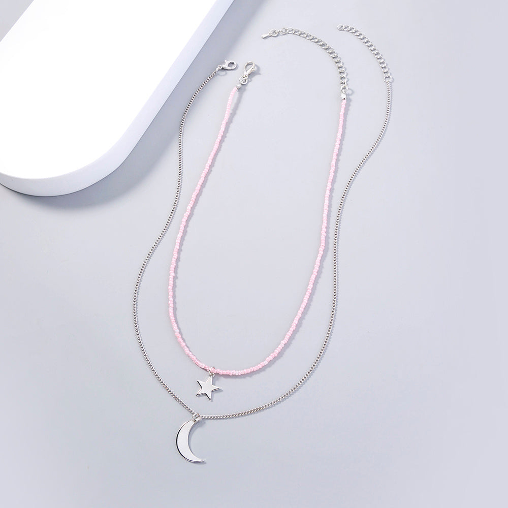 Stylish multi-layer necklace with Rice beads, Copper Stars and moon