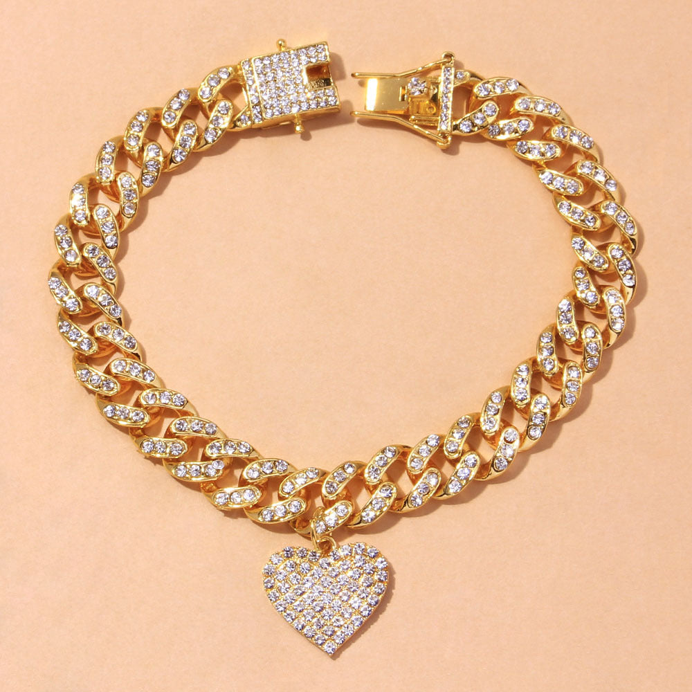 Bijoux fantaisie de luxe avec pendentif cœur entièrement incrusté de diamants pour cheville