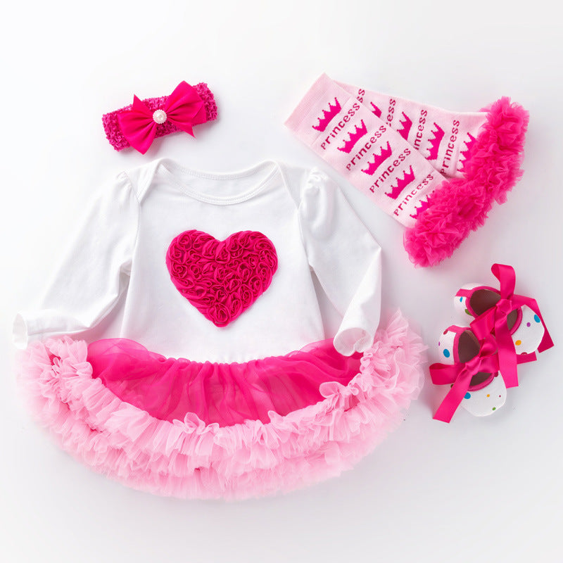 Newborn Cotton Rose Pink Birthday Romper Princess Dress Four Piece Suit