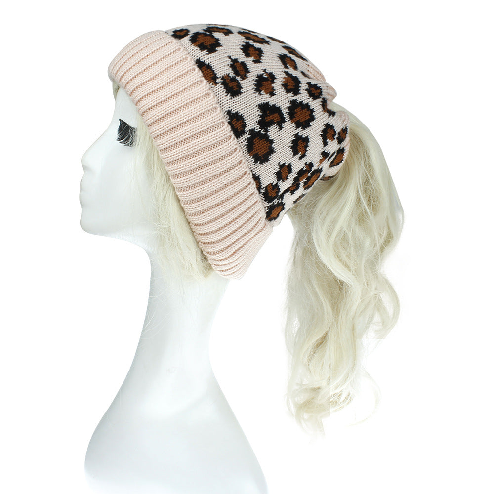 Warm And Fashionable Outdoor Leopard Print Knitted Ponytail Hat