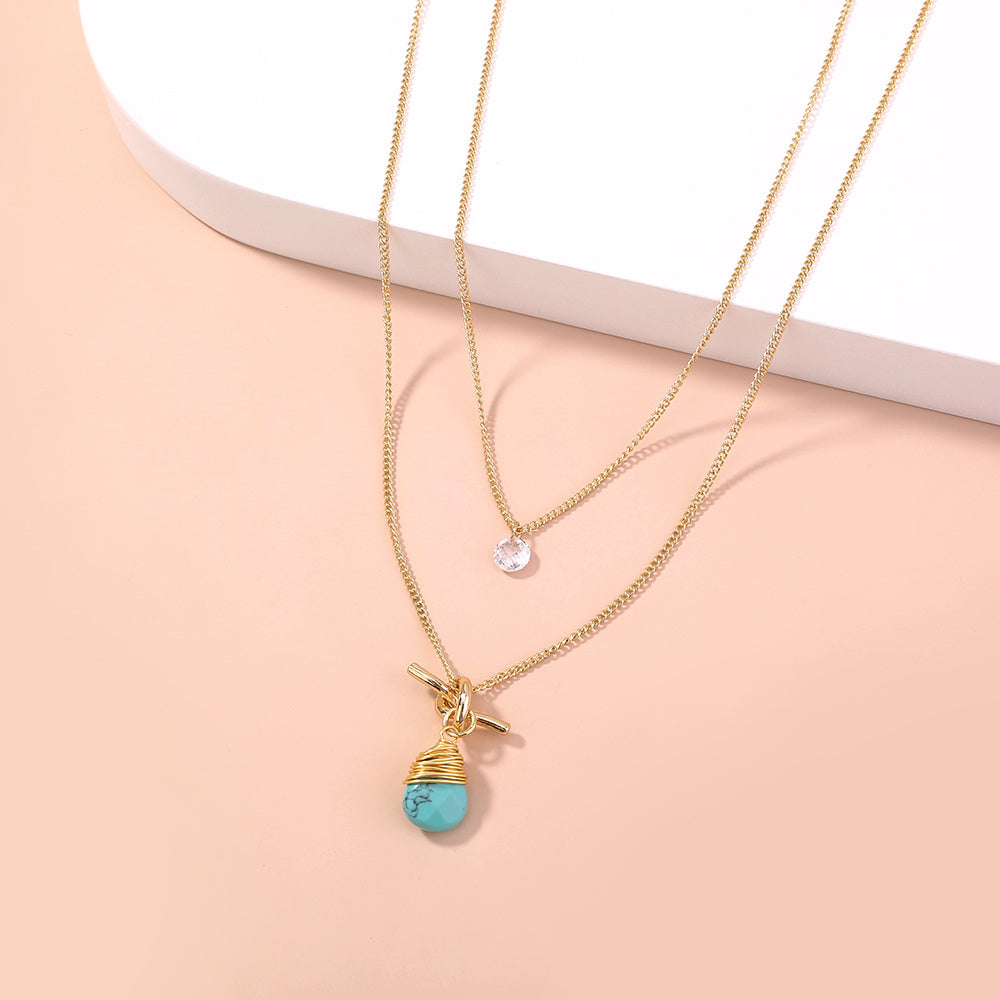 European and American foreign trade new product hot-selling jewelry, metal knotted hand-wound turquoise water droplet simple multi-layer necklace