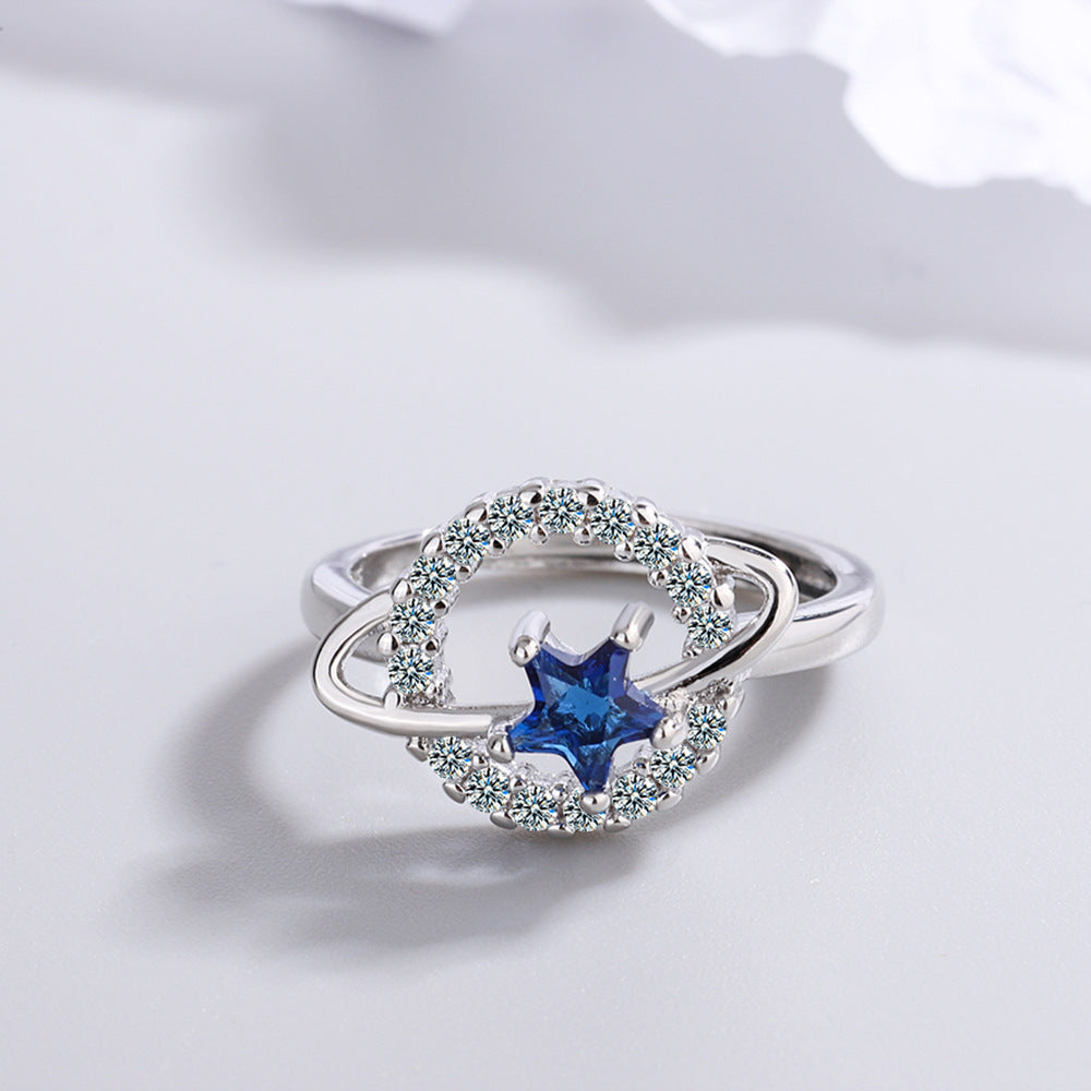 Blue Diamond Single Row Pentagram Planet Ring
