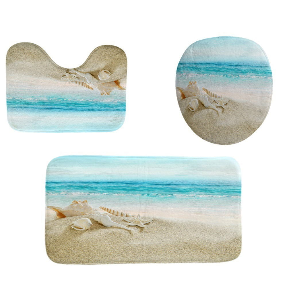 Beach Shell Printed Shower Curtain Carpet Bathroom Mat Four Piece Set